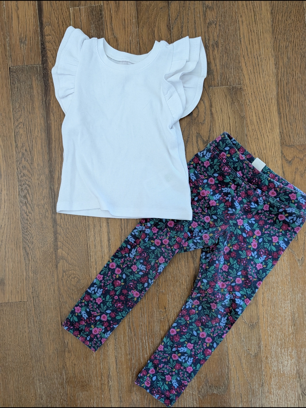 Crewcuts White Ruffle Sleeve Top with Navy Floral Leggings Outfit 2T